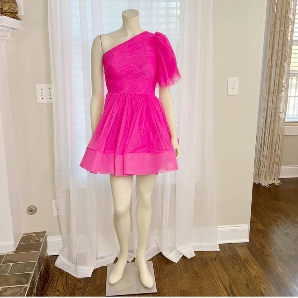 Lace & Beads puff ball sleeve mini prom dress